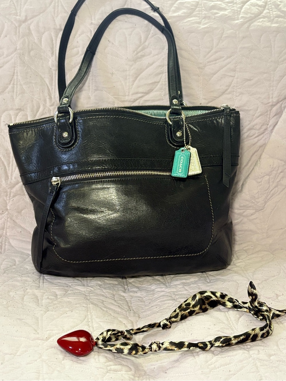 COACH Black Leather Shoulder Bag with Teal and Cream Tags